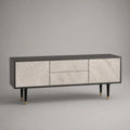 Mobile TV in MDF con ante e cassetti effetto marmo chiaro struttura nera 180x40x55 cm
