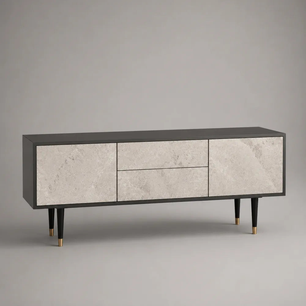 Mobile TV in MDF con ante e cassetti effetto marmo chiaro struttura nera 180x40x55 cm