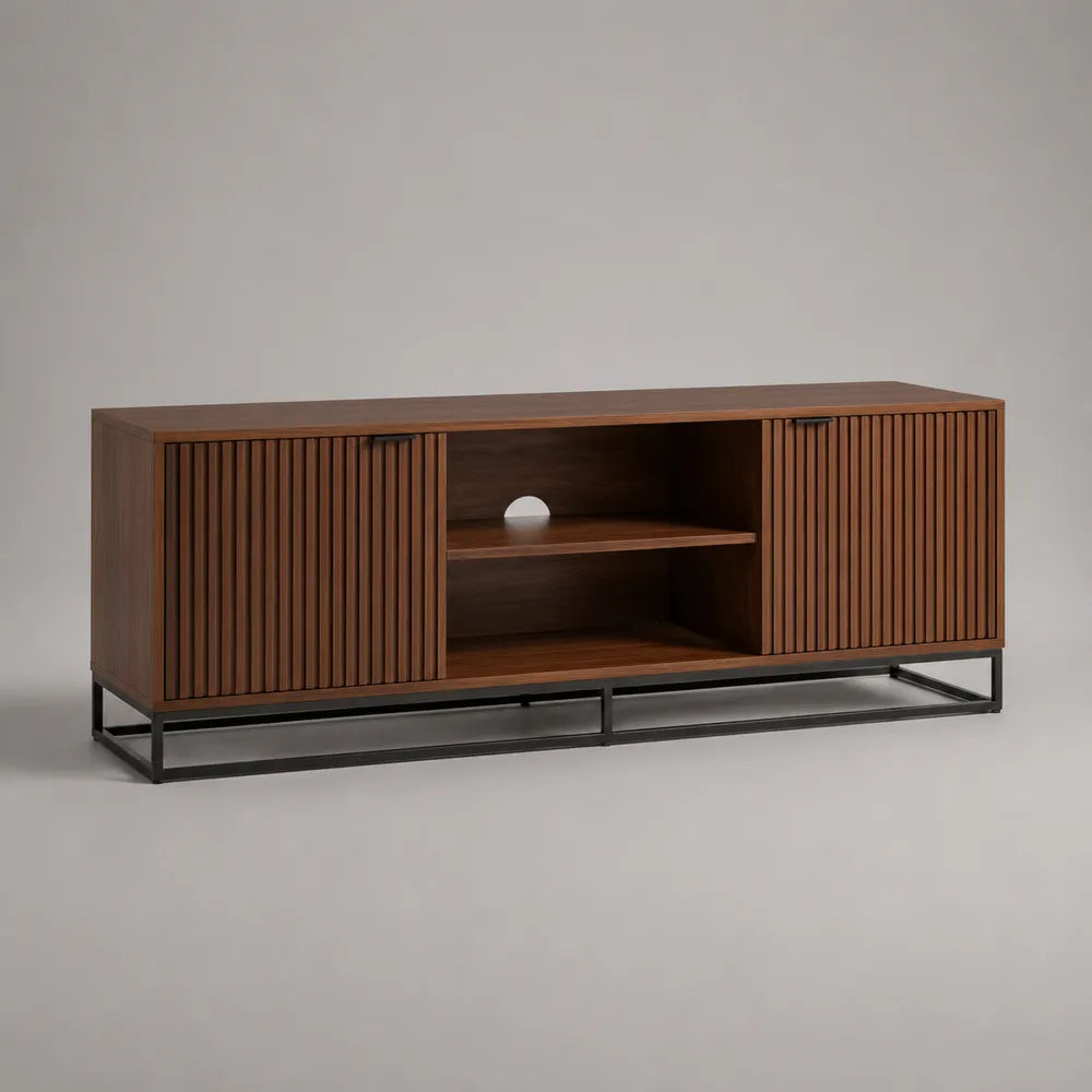 Mobile TV in MDF effetto noce con ante a doghe e base in acciaio nero 200 x 40 x 50 cm