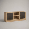 Mobile TV rettangolare in MDF effetto rovere chiaro con ante in vetro fumé e vani aperti 180 x 40 x 55 cm