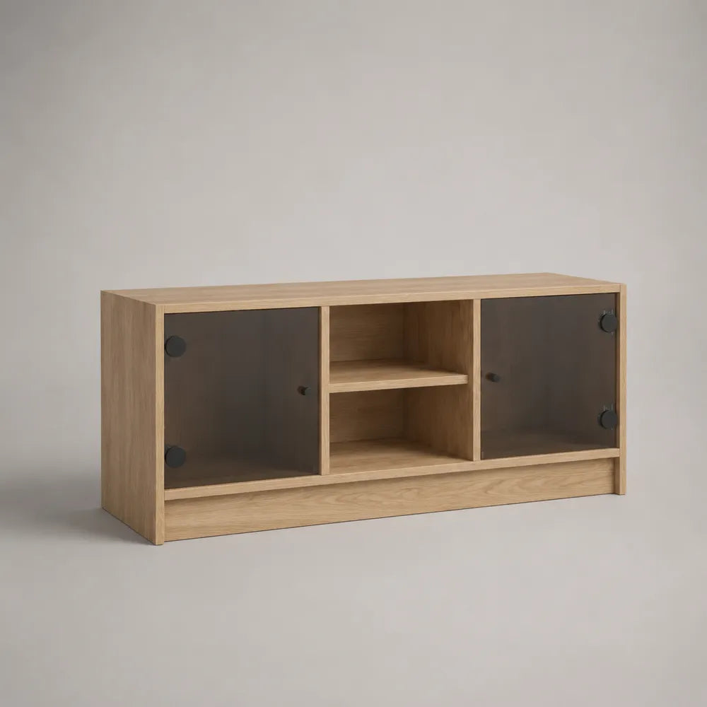 Mobile TV rettangolare in MDF effetto rovere chiaro con ante in vetro fumé e vani aperti 180 x 40 x 55 cm