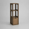 Scaffale da terra in MDF effetto legno marrone con 3 ripiani aperti e cassetto in fibra vegetale 40x35x120 cm