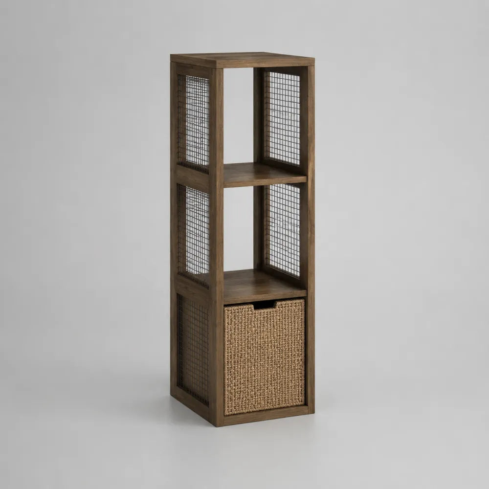 Scaffale da terra in MDF effetto legno marrone con 3 ripiani aperti e cassetto in fibra vegetale 40x35x120 cm