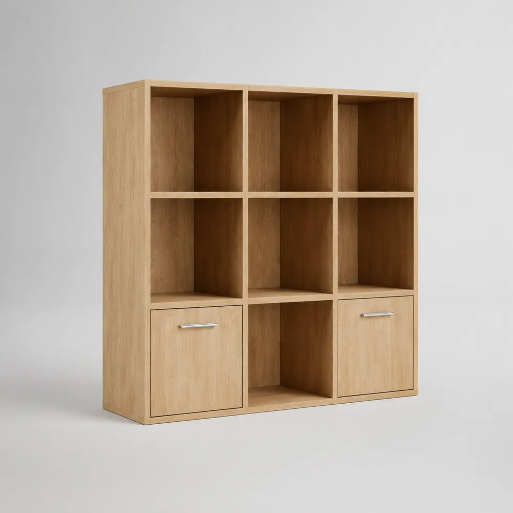 Libreria rettangolare in MDF effetto rovere chiaro con 9 vani aperti e 2 ante contenitore 180 x 35 x 180 cm