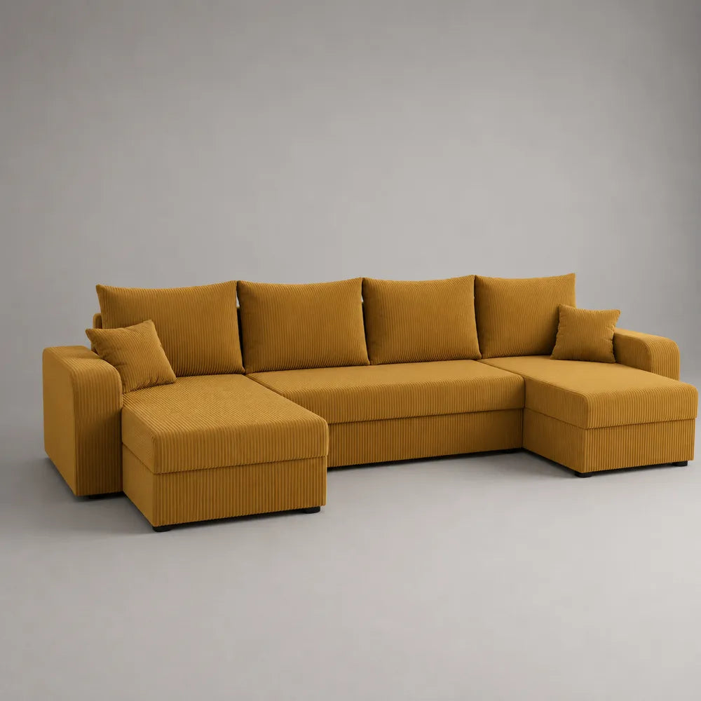 Divano angolare modulare in tessuto a coste giallo senape con chaise longue 320 x 160 x 85 cm
