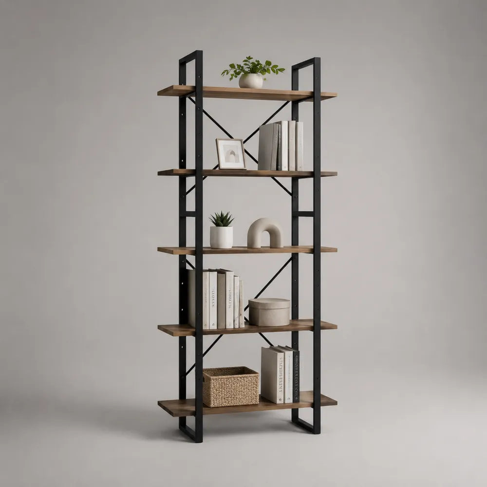 Libreria rettangolare verticale in MDF effetto legno e acciaio nero con 5 ripiani aperti 80 x 35 x 180 cm