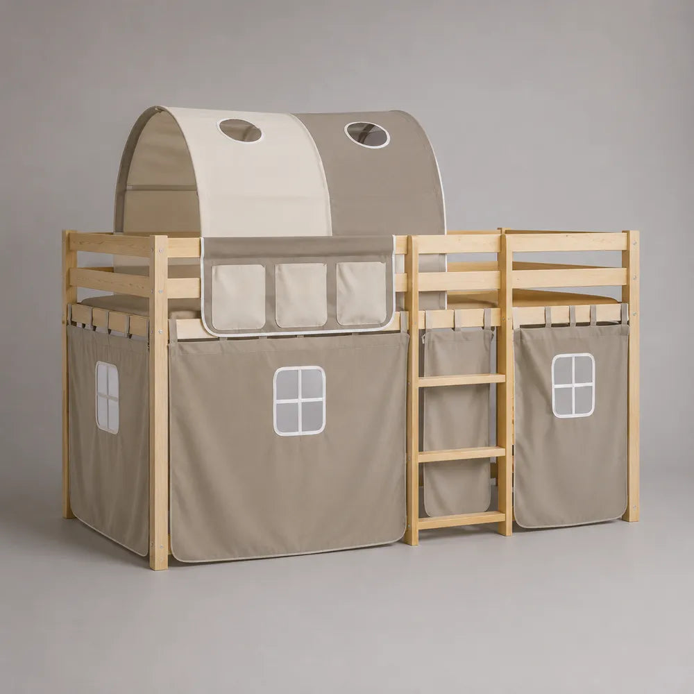 Letto a castello rialzato per bambini con struttura in legno tende in poliestere beige e legno naturale 200 x 90 x 160 cm