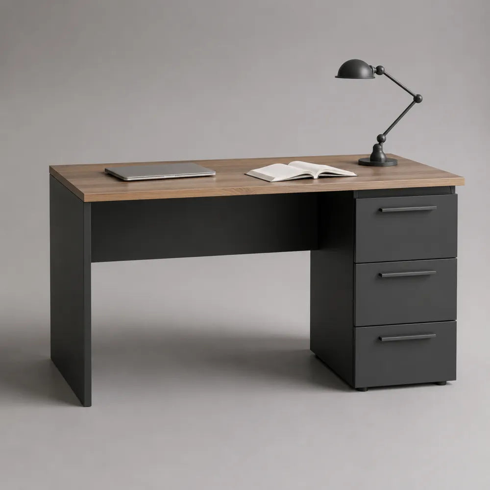 Scrivania da ufficio 140 x 60 x 75 cm in MDF nero e rovere marrone rettangolare con cassettiera a 3 cassetti