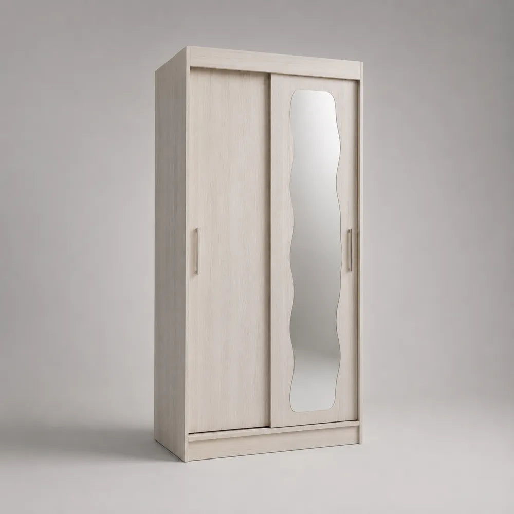 Armadio rettangolare con due ante scorrevoli e specchio in MDF effetto frassino bianco 120 x 55 x 200 cm