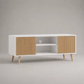 Mobile TV in MDF con 2 ante e vano aperto con gambe in legno effetto rovere naturale bianco 180x40x55 cm
