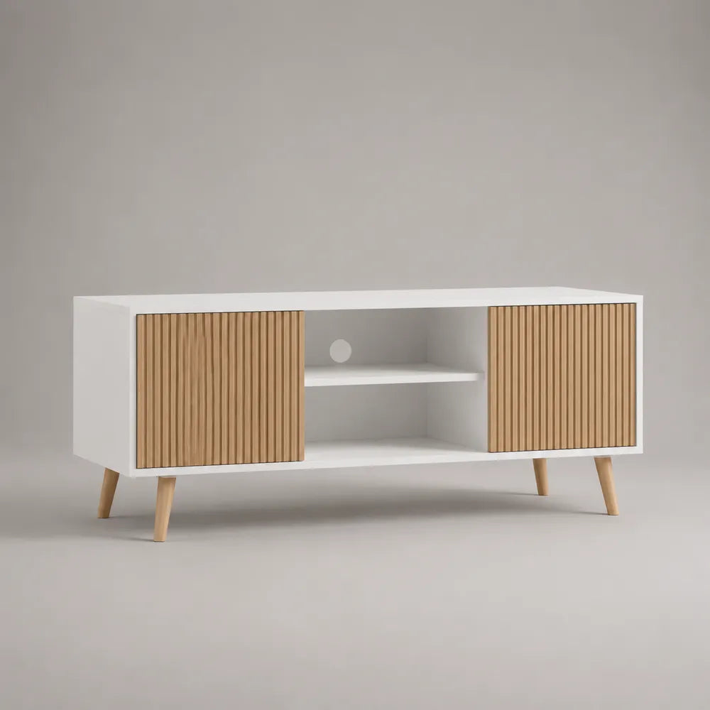Mobile TV in MDF con 2 ante e vano aperto con gambe in legno effetto rovere naturale bianco 180x40x55 cm