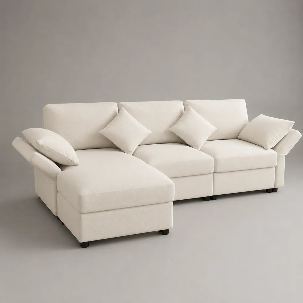 Divano angolare 5 posti in tessuto poliestere bianco crema con chaise longue e cuscini imbottiti 290x160x85 cm