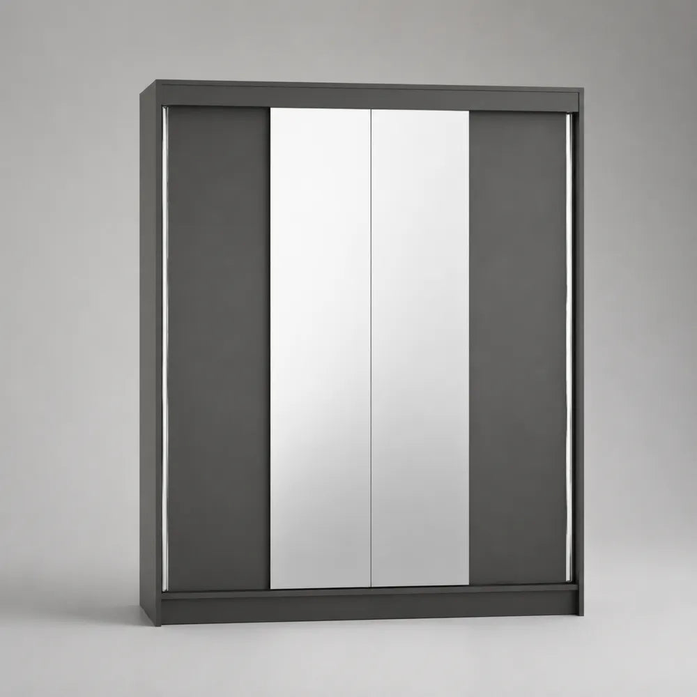 Armadio scorrevole rettangolare in MDF grigio e bianco con ante a specchio 4 ante 200 x 60 x 220 cm