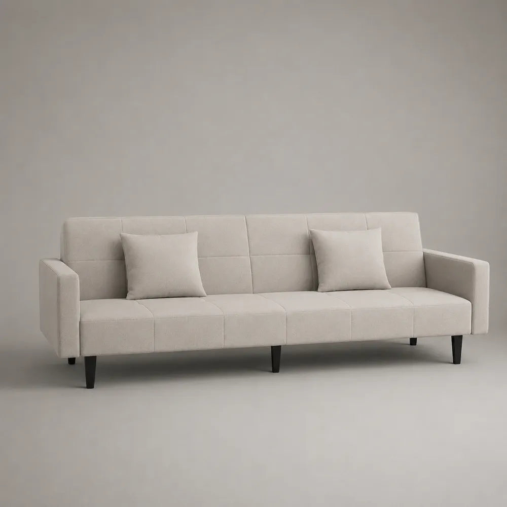 Divano 3 posti imbottito in tessuto beige con braccioli e gambe nere 210 x 80 x 85 cm