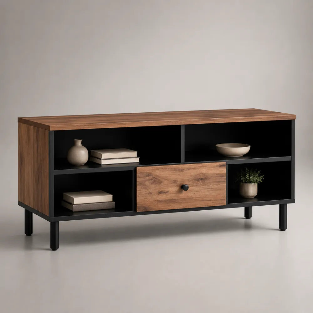 Mobile TV in MDF effetto noce con cassetto centrale vani aperti e base in acciaio nero 180 x 40 x 55 cm