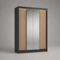Armadio a 4 ante in MDF nero e rovere chiaro con specchio e illuminazione LED 200 x 60 x 220 cm