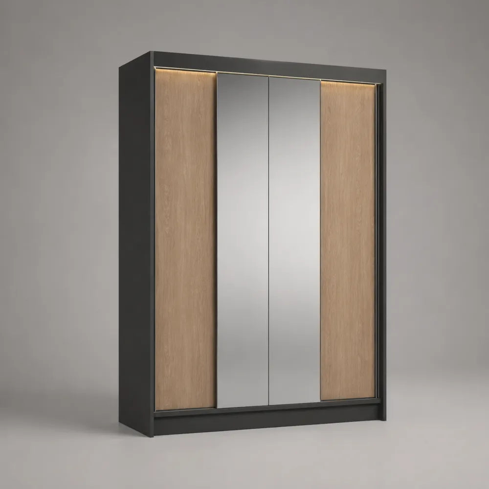 Armadio a 4 ante in MDF nero e rovere chiaro con specchio e illuminazione LED 200 x 60 x 220 cm