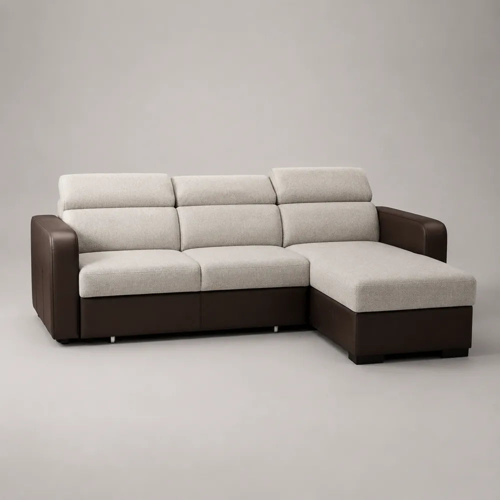 Divano angolare 4 posti con chaise longue in tessuto poliestere beige e rivestimento marrone 280 x 160 x 85 cm