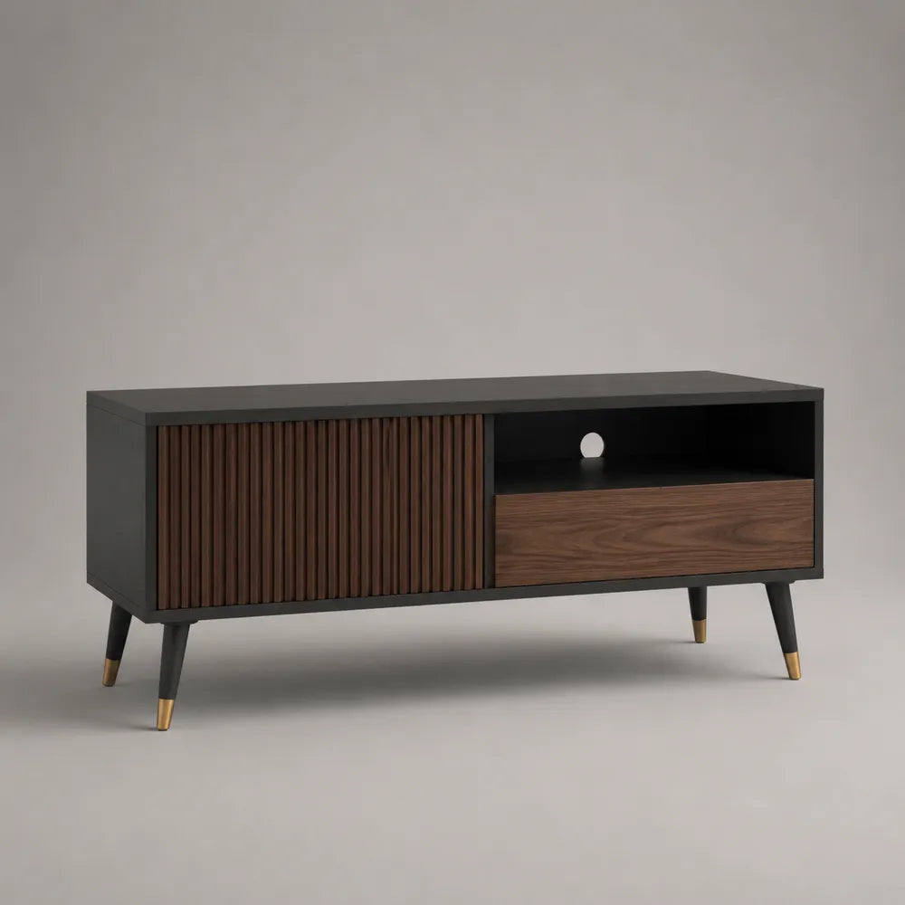 Mobile TV in MDF con anta a doghe cassetto e vano aperto effetto legno noce nero 180x40x55 cm