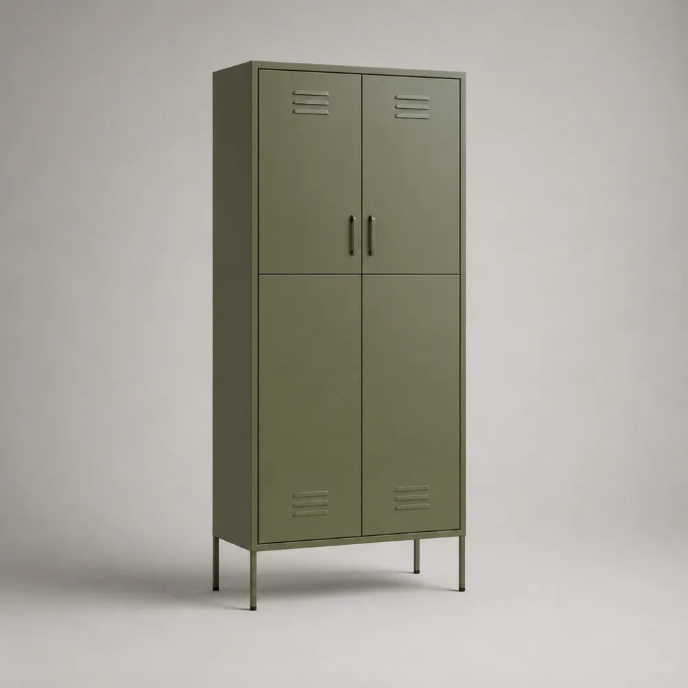 Armadio in acciaio verniciato verde con due ante battenti e piedini rialzati 90 x 45 x 180 cm