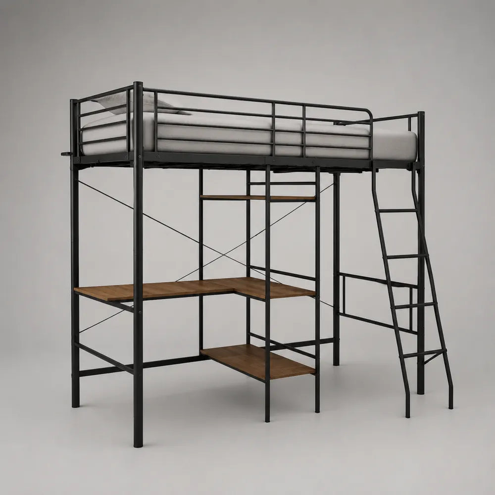 Letto a soppalco con scrivania e scaffali in acciaio nero e MDF effetto legno 140 x 200 cm