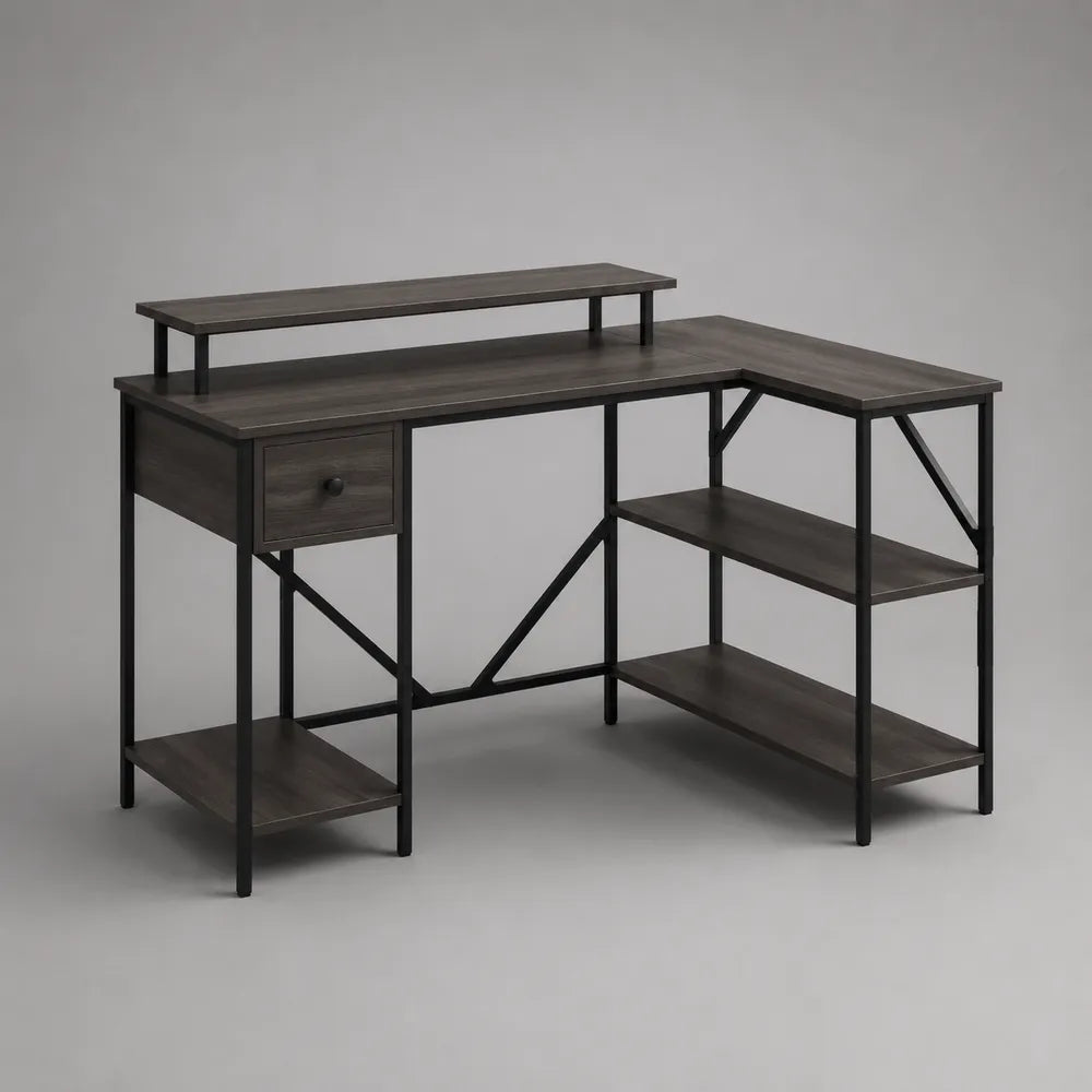 Scrivania angolare da ufficio 150 x 120 x 75 cm in MDF nero effetto legno con cassetto e mensole