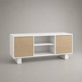 Mobile TV rettangolare in MDF bianco e rovere naturale con due ante e vano aperto 180 x 40 x 55 cm