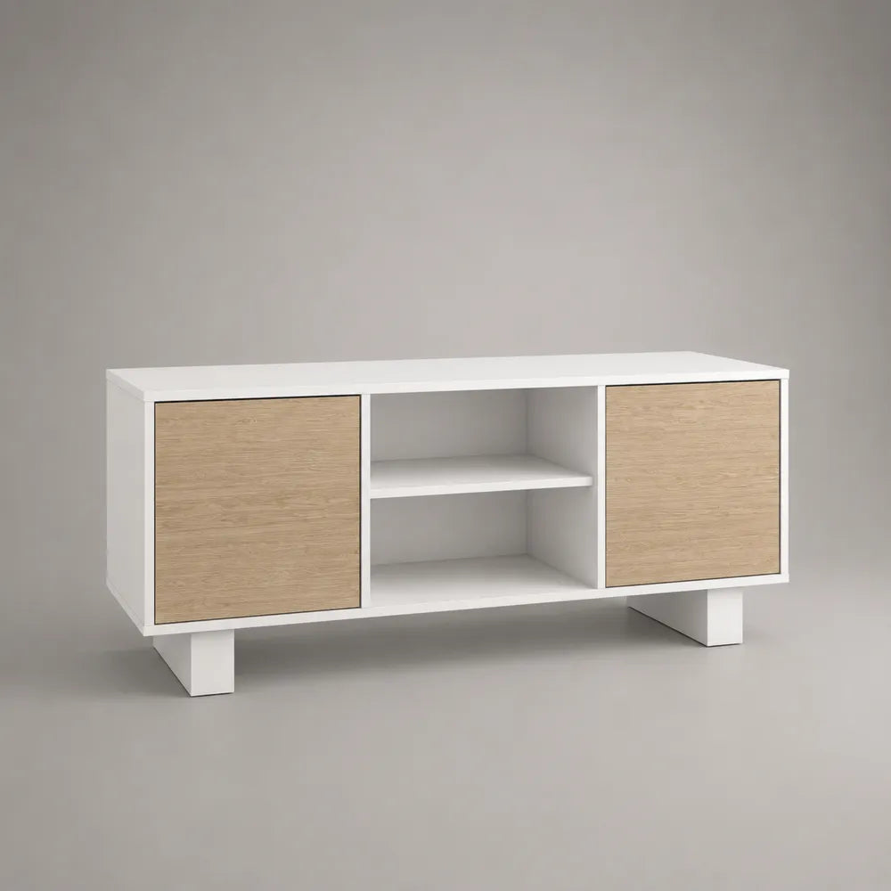 Mobile TV rettangolare in MDF bianco e rovere naturale con due ante e vano aperto 180 x 40 x 55 cm