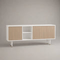 Mobile TV in MDF bianco e beige effetto legno con ante a doghe e vano aperto 180 x 40 x 55 cm