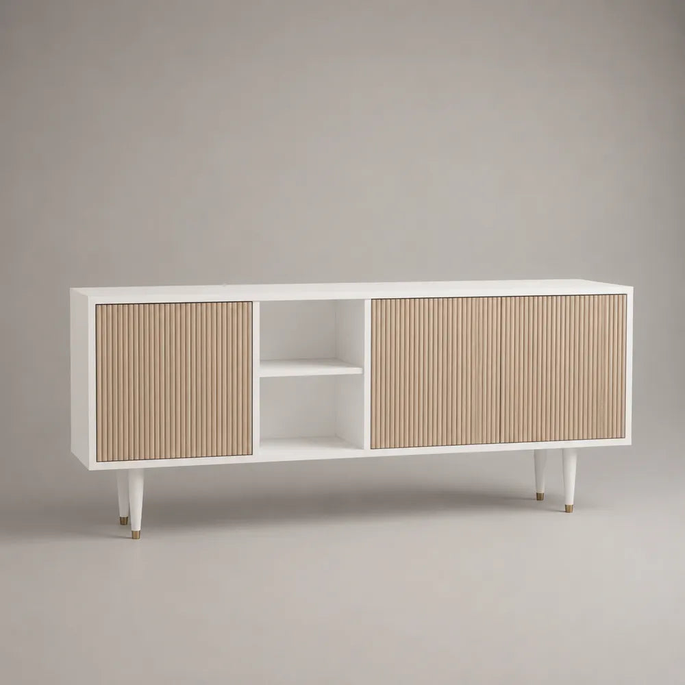Mobile TV in MDF bianco e beige effetto legno con ante a doghe e vano aperto 180 x 40 x 55 cm